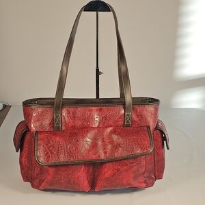 Relic Crimson Red Paisley Tooled PU Large Tote Bag